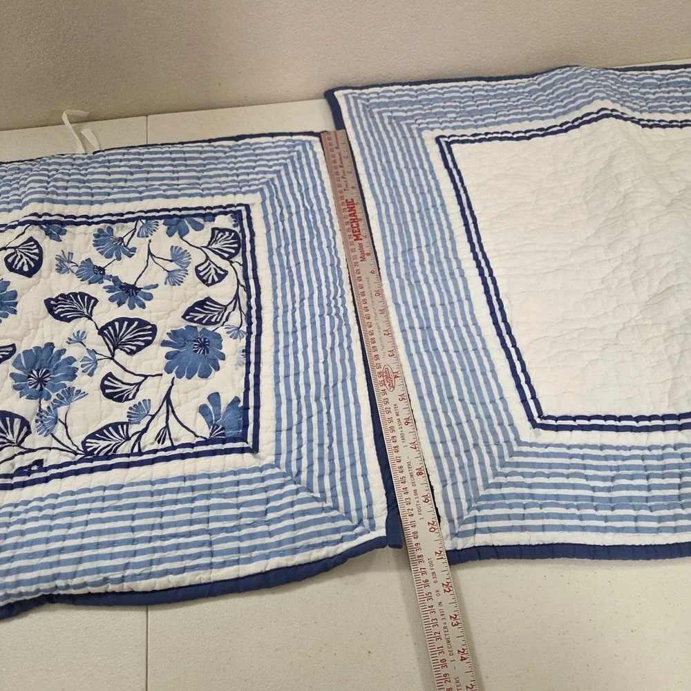 Company Store Blue White Floral Striped Quilted Pillow Shams Set of 2